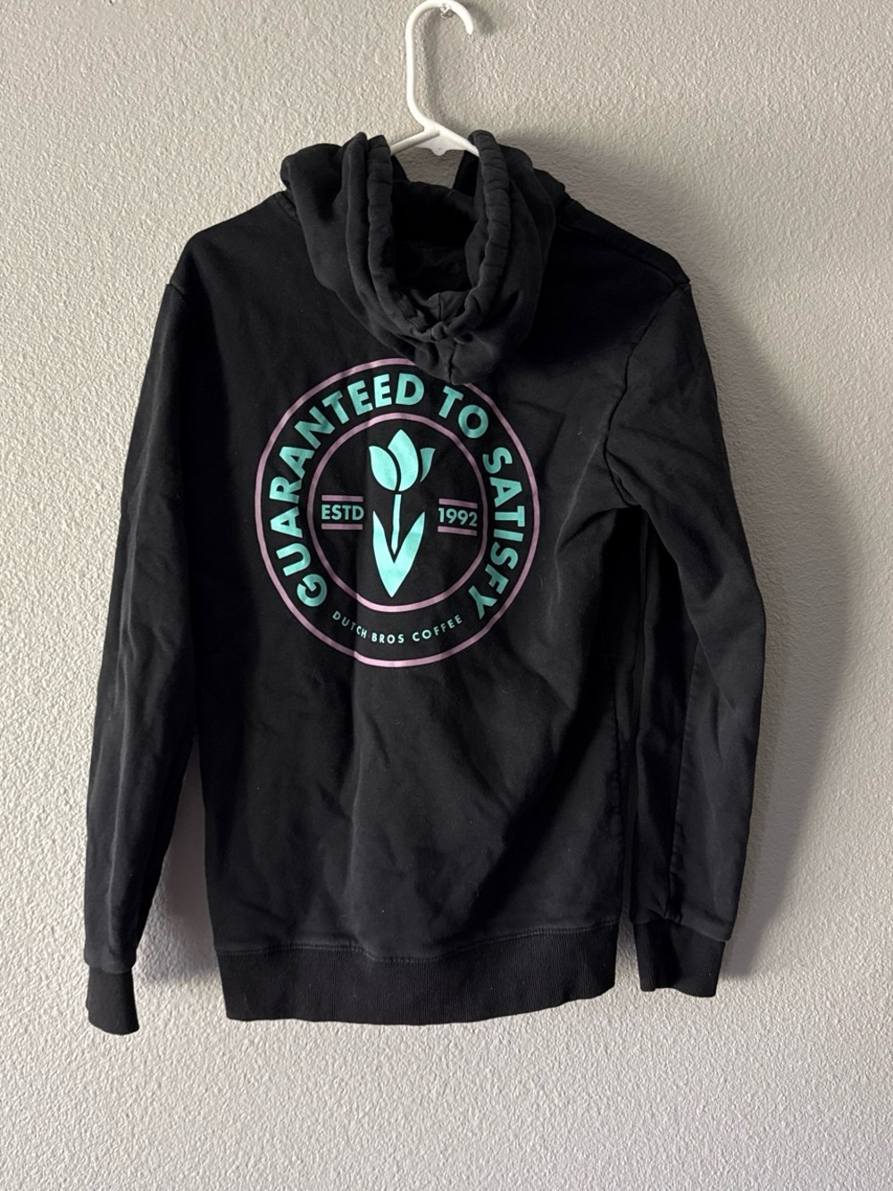 Dutch Bros Black Hoodie with Mint & Pink Logo Circle